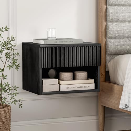 Floating nightstand Set of 4，Modern Fluted Bedside Tables with Drawer & Open Shelf Black