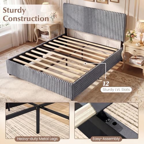 GIANTEX Queen Size Lift Up Storage Bed, Modern Corduroy Upholstered Platform w/Wingback Headboard, Hydraulic Support, Queen Bed Frame with Storage, No Box Spring Needed (Grey)