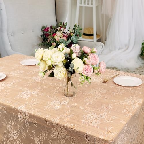 Fowecelt 2 Pcs Ivory Lace Tablecloth 60 X120 Inches Vintage Tablecloth Sheer Overlay Rectangle Floral Embroidered Lace Table Cloths for Rustic Boho Wedding Bridal Shower Party Reception Decoration