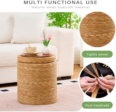 14" Natural Grass Round Storage Pouf Ottoman Handwoven Pouffe Rattan Stool