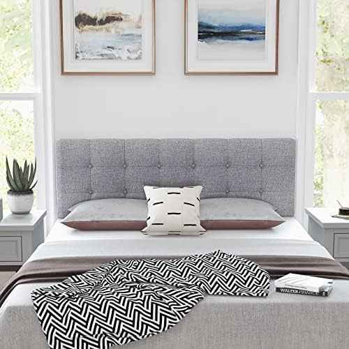 KOMFOTT Linen Upholstered Headboard for Full & Queen Size Bed Frame, Modern Tufted Button Bed Headboard with Solid Rubber Wood Legs, Rectangular Headboard with Adjustable Width, Gray