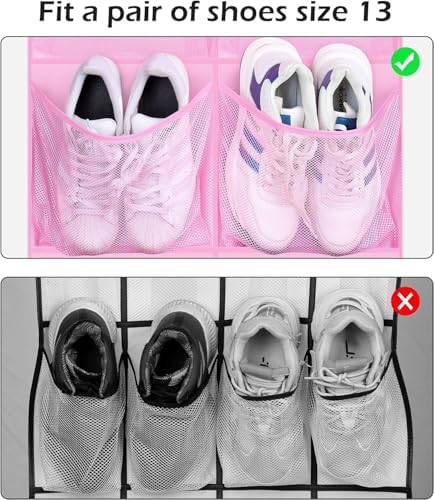12 Large Mesh Pockets Over the Door Shoe Organizer for Closet Hanging Shoe Rack for Door Sneaker Hanger Boot Storage for Kids, Baby, Toddler, Girl, Pink
