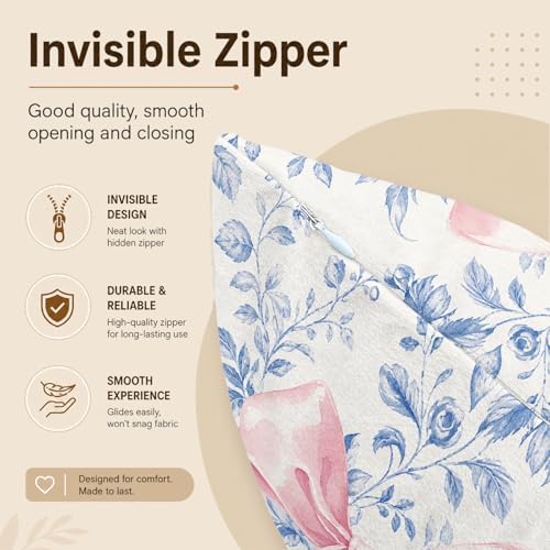 Blue Floral Pink Bow 18x18 Pillow Cover, Girly Room Decor