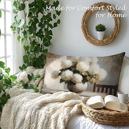 Vintage White Hydrangeas Floral Pillow Cover 12x20, Hydrangea Decor, Cottagecore Neutral Farmhouse White Flower Still Life Decorative Lumbar Pillow Cover for Couch Bed Living Room Bedroom