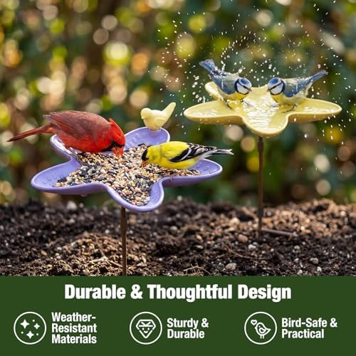 Kinsgyard 2 Pack Free Standing Tray Bird Feeders with Adjustable Pole, Wild Bird Bath for Outdoor Garden Yard Decor, Large Seed Capacity, Easy to Clean and Refill, Yellow & Purple