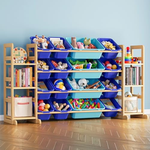 SpaceAid Toy Storage Organizer With 6 Shelves And 16 Bins, Modern Style Toy Organizers Storage Bookshelf For Kids Bedroom Playroom Organization Room Decor, Blue And Navy Blue