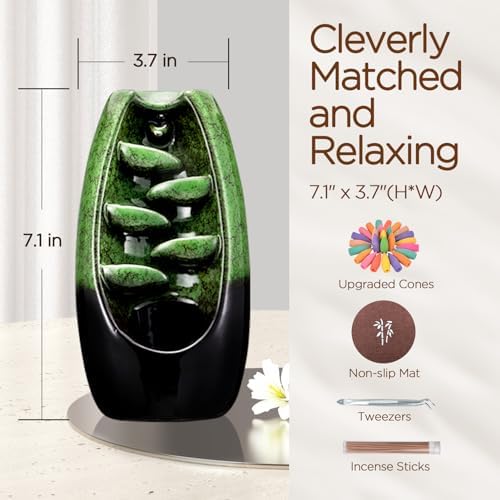 SPACEKEEPER Ceramic Backflow Incense Holder Waterfall Incense Burner, Green