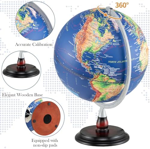 12" Illuminated World Globe, Desktop Globe with Raised Relief, LED Lights, Time Zone & Non-Slip Wooden Base, Geographic Terrain Globes for Decoration & Living Room (Navy)