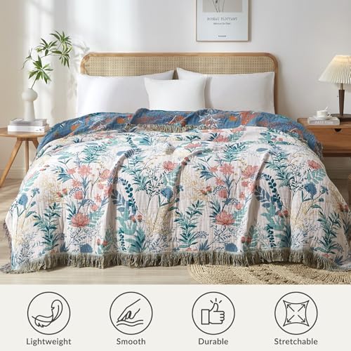 Bailix Boho Throw Blanket, 100% Cotton, Woven Floral Pattern, 50"x60"
