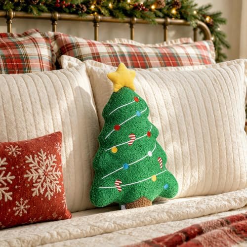 AELS Christmas Tree Throw Pillow with Star Topper, 15.7" Green