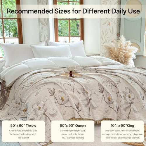 FALUCA Muslin Cotton Throw Blanket Boho Floral Jacquard with Fringe, 104 * 90 Magnolia Pattern, Reversible Soft Breathable Cover for Couch Sofa Bedroom Vintage Farmhouse Home Decorative, Beige&Brown
