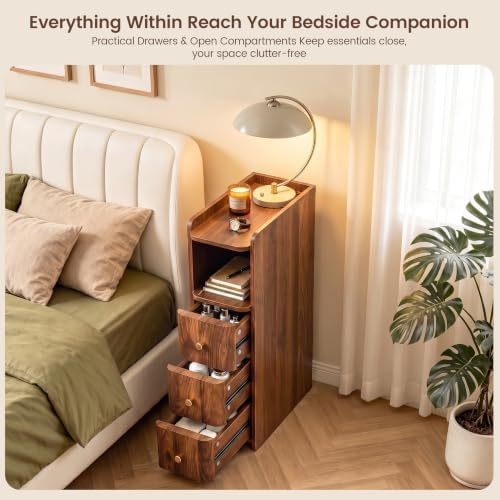 FurSch 27.56”H Tall 7.87”W Narrow Nightstand with 3 Drawers for Lofted Dorm