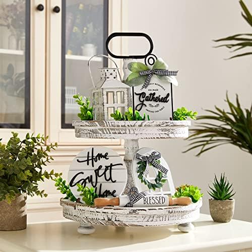 Houmury Set of 17 Farmhouse Tiered Tray with 1 Lantern Artificial Plant& Cutting Board Sign for Rustic Home Sweet Home Kitchen Decor Tier Tray Decor Set