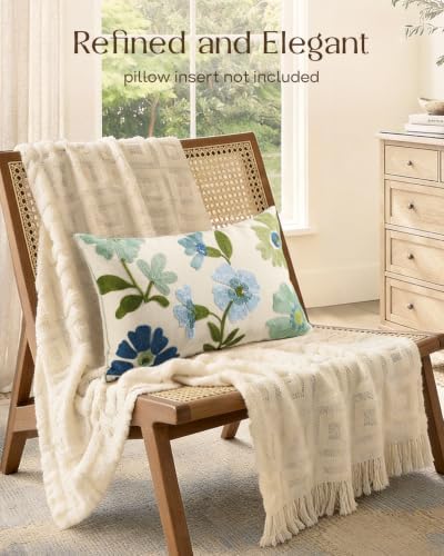 Embroidered Floral Lumbar Pillow Cover 20x12 Inch, Teal Flower