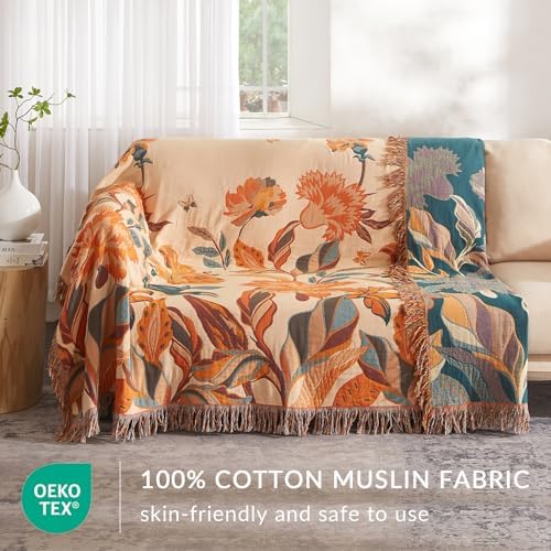 Bailix Boho Throw Blanket, 100% Cotton, Woven Floral Pattern, 60"x80"