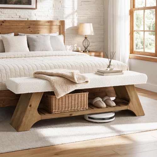 Tribesigns 55" Solid Wood Bench with Cushion, Upholstered Entryway Bench