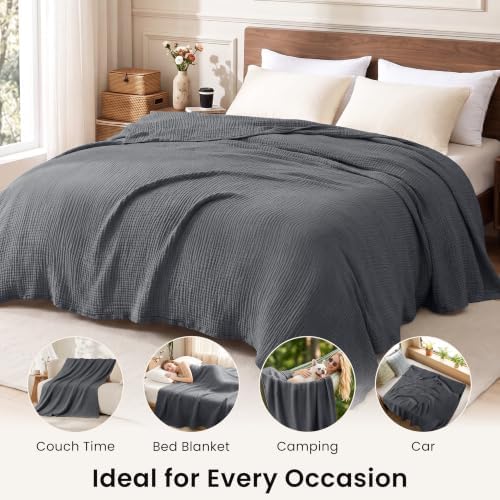 Love's cabin 100% Cotton Muslin Blanket Queen Size for Bed, Dark Grey