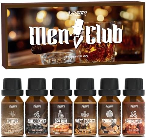 SALUBRITO Men's Club Fragrance Oils, Wood Essential Oil Set for Diffuser, Soap, Candle Making - Sandalwood, Teakwood, Sweet Tobacco, Bay Rum, Black Pepper, Vetiver, Gentlemen Scented Oil
