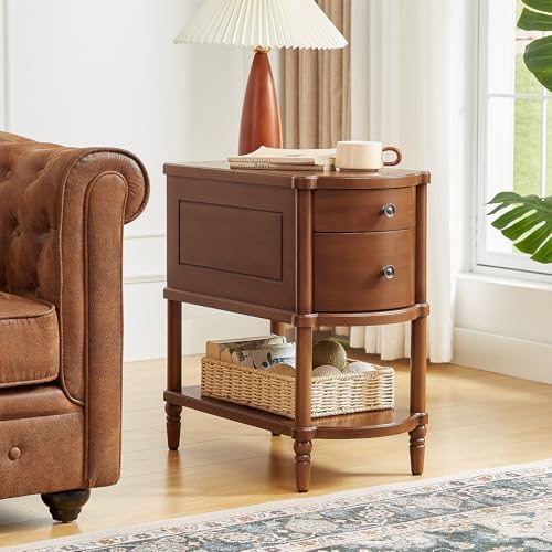 ONBRILL Pre-Assembled Narrow End Table with Charging Station, Walnut