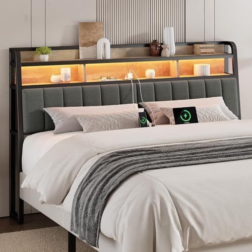 ONBRILL Ergonomic Headboard King Size with 2-Tier Storage, Black & Brown