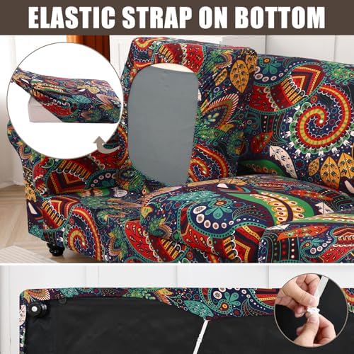 SearchI Stretch Sofa Cover Printed Couch Covers, Floral Pattern 2 Piece Armchair Slipcover with Separate Chair Cushion Cover, Washable Furniture Protector for Living Room(Armchair, Paisley Pattern)