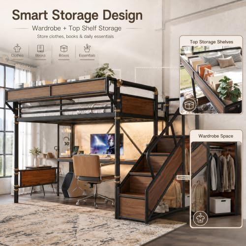 Queen Size Metal Loft Bed Frame with Staircase & Built-in Desk & Wardrobe, Loft Bed with Pegboard & Mesh Storage Baskets & Slats, No Box Spring Required, Easy Assembly, for Bedroom, Black