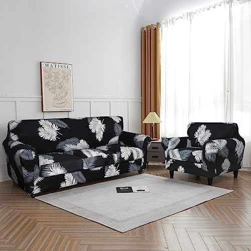 SearchI Stretch Sofa Cover Printed Couch Cover, Floral Pattern 3 Pieces Loveseat Slipcover with 2 Separate Cushion Cover, Washable Furniture Protector for Living Room(Loveseat, Black+Palm Leaves)