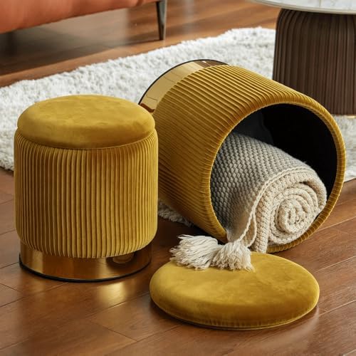 Round Ottoman with Storage, Yellow Velvet, Set of 2