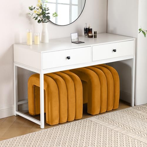Cognac Velvet Ottoman Stool Set of 2, Cute Backless Vanity Stool