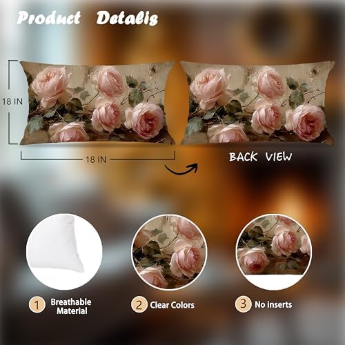 Vintage Pink Rose Floral Small Decorative Lumbar 12x20 Pillow Covers Decor,Pink Flower Rustic Cottagecore Decorative Throw Pillow Cover for Home Bedroom Room Decor Double-Sided Set of 2