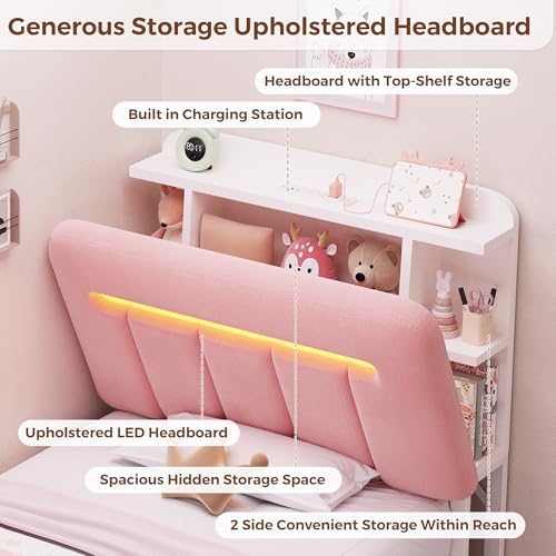 Twin Bed Frames with Storage Headboard for Kids/Girls, Upholstered Black Bed Frame Twin Size with Storage Drawers and Charging Station,Velvet Platform Metal Bed, Noise-Free, No Box Spring Needed
