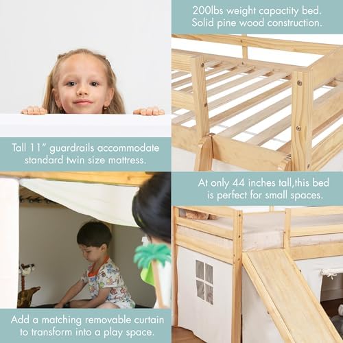 Spirich Solid Wood Kids Twin Loft Bed with Slide and Under-Bed Play Curtain