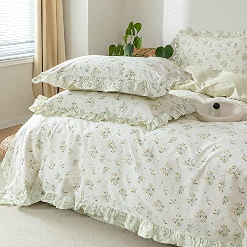Romantic Green Ruffle Duvet Cover Cotton Twin(68"x86"),Yellow Floral