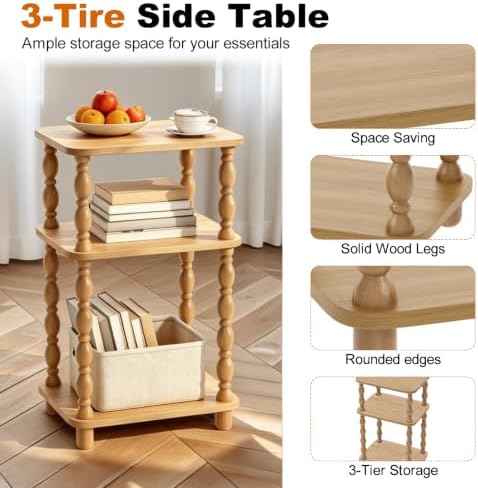 Small Side Table, 3-Tier End Table, Natural Wood