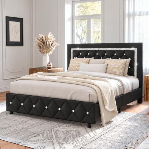 HOMBCK Full Size Bed Frame, Upholstered Platform Bed with Headboard, Black