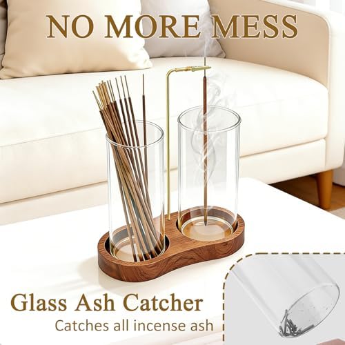 Ceremony Incense Holder,2 in 1 Wooden Incense Burner(Transprent, Two Glass)