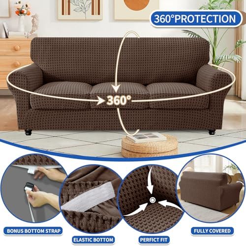 MAXIJIN 4 Pieces Stretch Oversized Couch Covers for 3 Cushion Sofa Covers Washable Sofa Slipcovers Thick Soft Furniture Protector with Non Slip Strap (Brown), 91"-110"(3 XL Cushions)