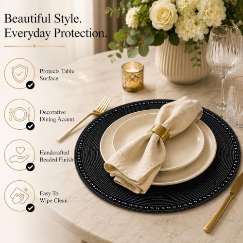 13" Round Glass Beaded Placemats - 2 Pack Table Mats Chargers for Dinner Plates, Plate Chargers Boho Luxurious Elegant Décor for Dining Table, Events & Parties (Black)