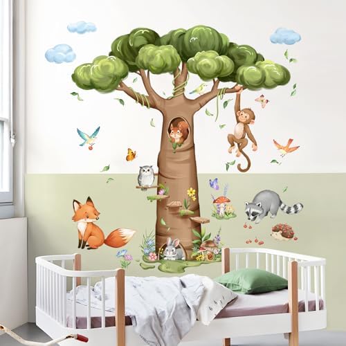 Tanlaby Woodland Animal Tree Wall Decals Rabbit Fox Monkey Wall Stickers