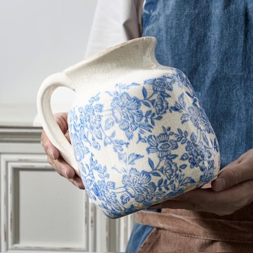 Ceramic Flower Vase, Vintage Utensil Holder, Blue and White Decorative Vase Chinoiserie Decor Rustic Farmhouse Retro Floral Vases for Table Bookshelf Mantel Kitchen Living Room Office - 6.7” Blue 016