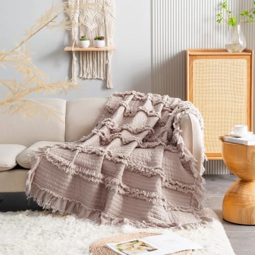Ultra Soft Pre-Washed Warm Quilted Throw Blanket, Ruffle Fringed Rose King Size Boho Blankets, Stone Washed Chic Rustic Throws for Sofa Couch Bed Chair, 104"x90"