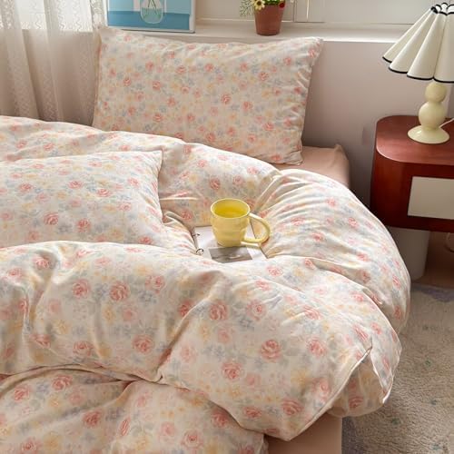 Floral Duvet Cover Set 3 Pcs,100% Cotton Double Gauze Twin Size Duvet Cover with 2 Pillowcases,Cute Orange Bedding Set for Teen Girls Women,Muslin Comforter Cover 68"×86"