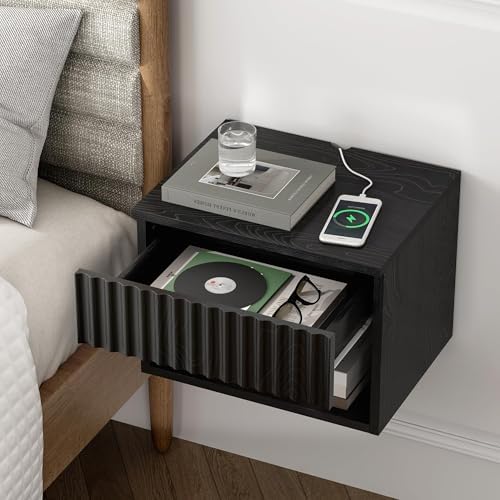 Floating nightstand Set of 2，Modern Fluted Bedside Tables with Drawer & Open Shelf Black