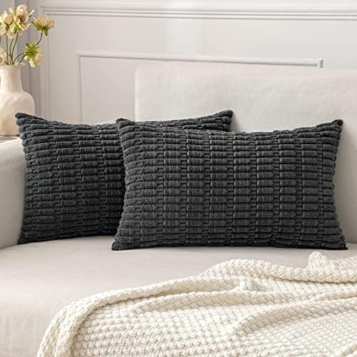 MIULEE Lumbar Corduroy Decorative Throw Pillow Covers 12x20 Dark Grey