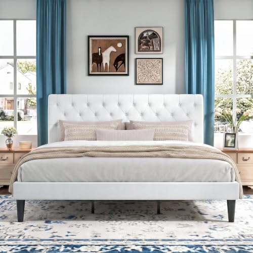 HOMBCK King Size Bed Frame, Upholstered Bed Frame with Headboard, White
