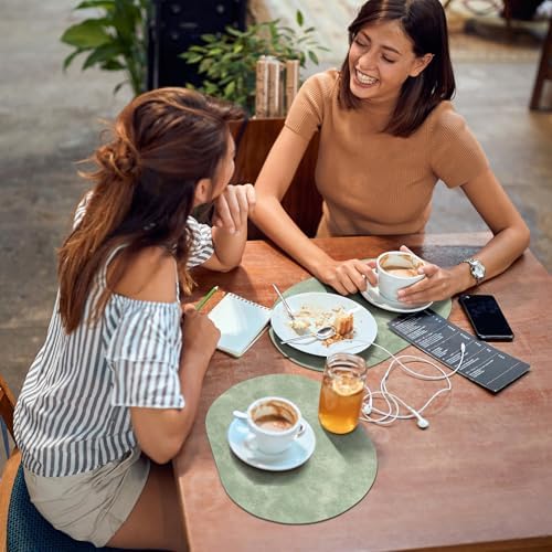 ADRIMER Oval Placemats Set of 8, Wipeable Faux Leather, Green