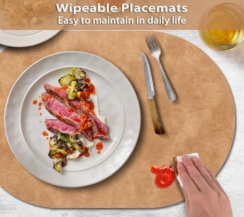ADRIMER Oval Placemats Set of 6, Wipeable Faux Leather, Camel