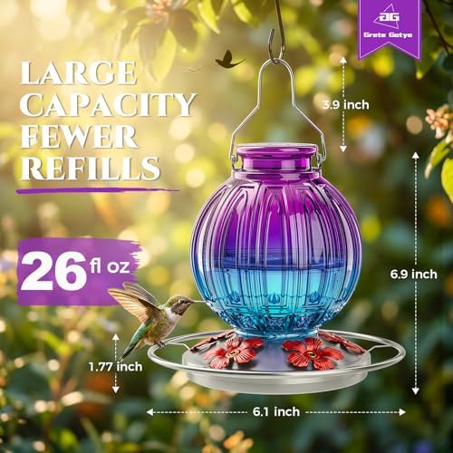 Glass Hummingbird Feeder for Outdoors Hanging, 26 fl oz Bird Nectar Feeder