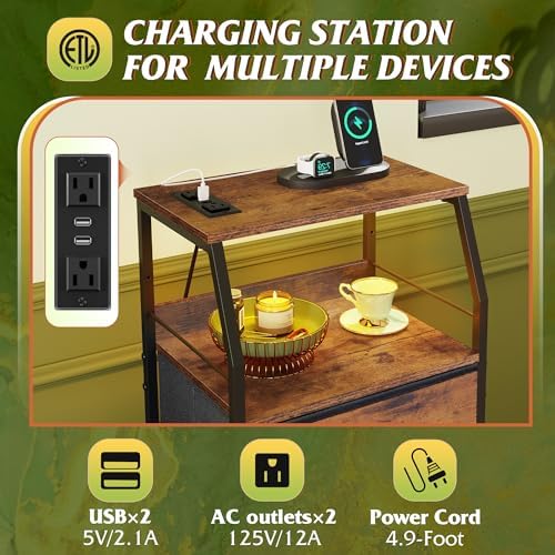 WLIVE 4 Drawer Dresser for Bedroom, 37" H Nightstand with Charging Station and Led Light, Tall Night Stand Bed Side Table, End Table with USB Ports and Outlets, Fabric Bins, Wood Shelf, Rustic Brown