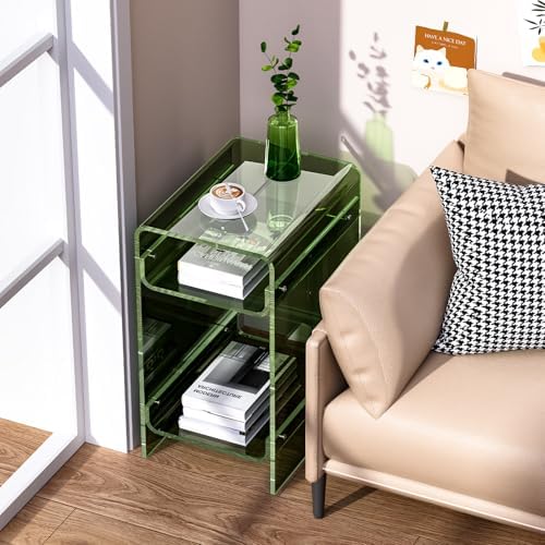 Clear Acrylic Side Table, Narrow Nightstand Bedside Table for Bedroom, Skinny Small End Table (Green Wide, 11.8'' x 15.7'' x 21.7")